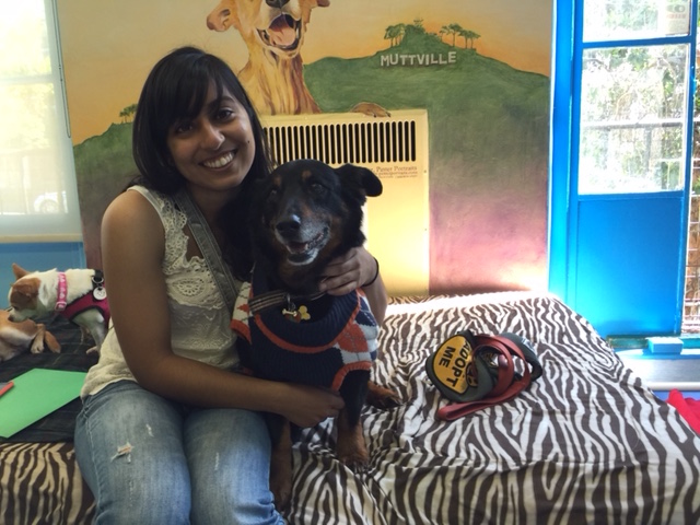 Dog named Brownie and I, at the Muttville Senior Dog Rescue the first day that we met.